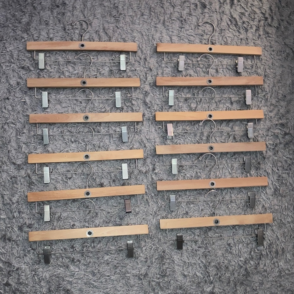 Set of 12 Wooden Pant Hangers Metal Clips with rubber grips
